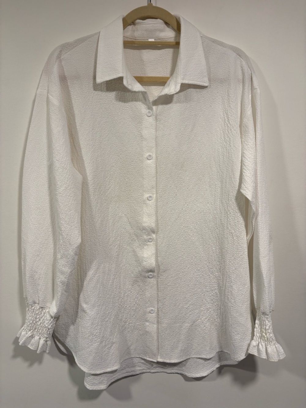 White Textured Long-Sleeve Button-Up Blouse